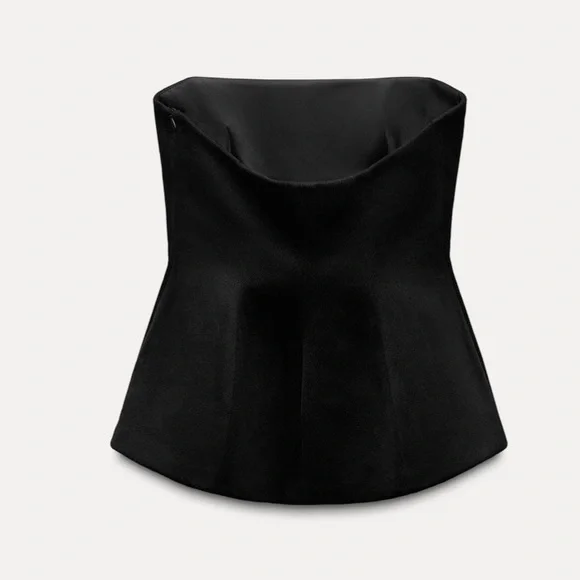 Zara Black Wool Blend Strapless Peplum Top straight neck Pleat detail size L NWT - Picture 10 of 16